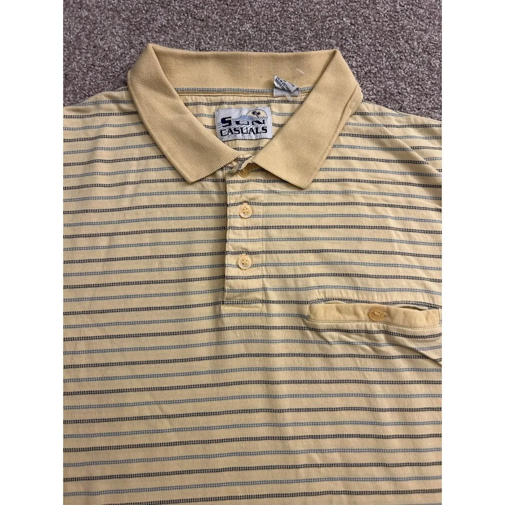 Sun‎ Casuals Polo Shirt Mens XL Yellow Striped Excellent Short Sleeve Pocket Top